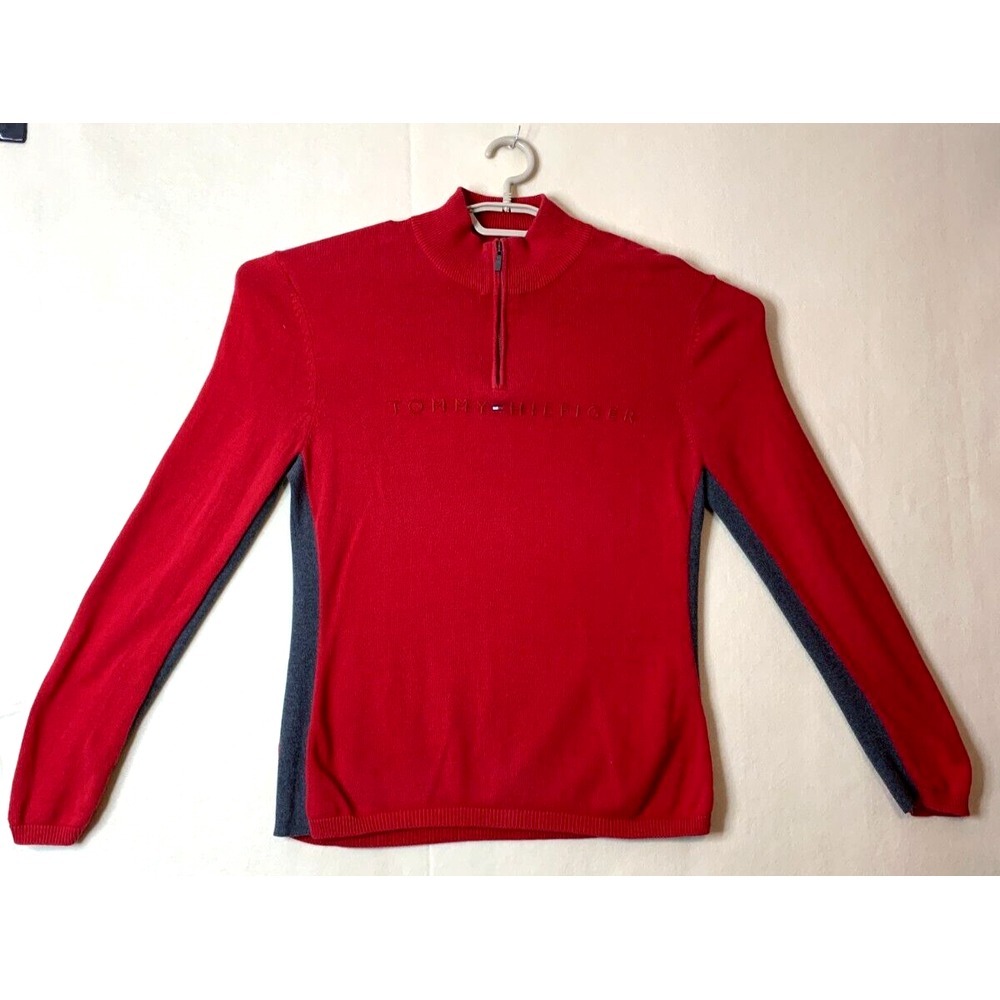 Tommy Hilfiger Pullover Knit Sweater 1/4 Zip Long Sleeve Large Red Mock Neck L - Picture 1 of 9